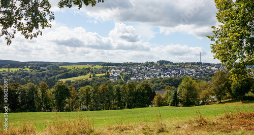 Panoramic view of Winterberg and the surrounding forests and hills on a sunny day in summer. Hochsauerland  North Rhine-Westphalia  Germany.