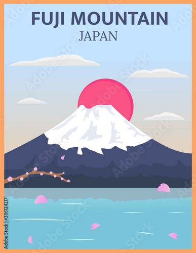 Illustration vector design of vintage and retro travel poster of mount fuji in Japan