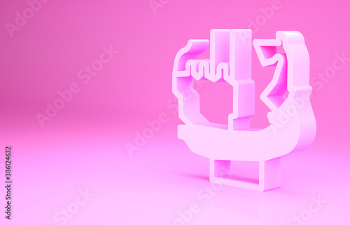 Pink Monument to founders of Kiev icon isolated on pink background. Statue of Kyi, Shchek, Horyv and Lybid. Minimalism concept. 3d illustration 3D render. photo