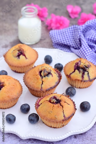 Blueberry coconut muffins served with milk 