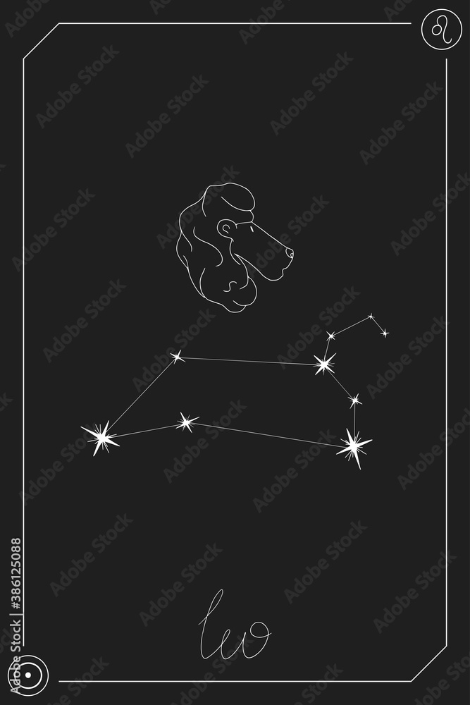 Leo horoscope card with constelation, zodiac sign and a patronizing planet. Hand drawn vector illustration on dark background. Taro card.