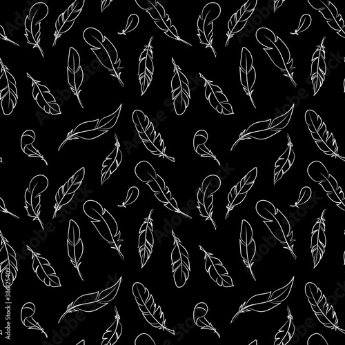 Black and white line art feathers seamless repeat pattern vector background, hand-drawn elegant feather elements on dark background