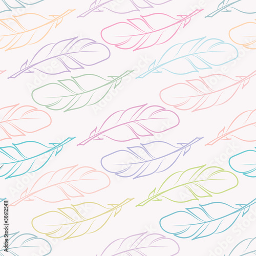 Cute pastel colorful vector seamless pattern background with feathers, hand-drawn feather elements, cute girly pattern
