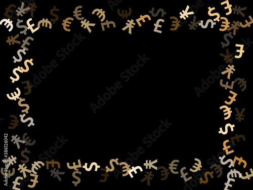 Euro dollar pound yen metallic signs scatter money vector design. Marketing backdrop. Currency