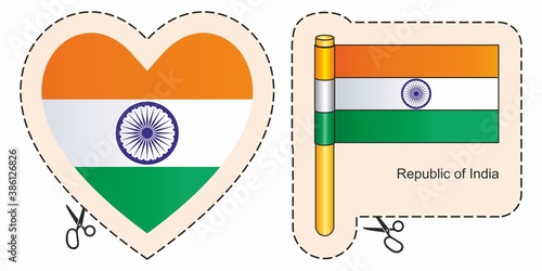 Flag of India, Republic of India. Vector cut sign here, isolated on white. Can be used for design, stickers, souvenirs.