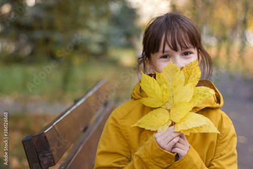 Cute girl in yellow coat sitting on the bench. The girl holds an armful of leaves photo