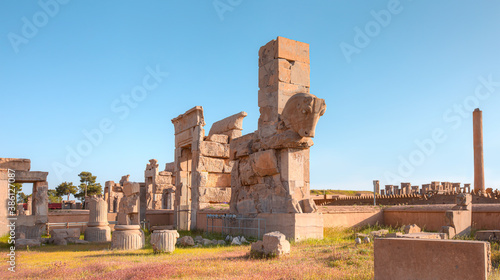 The ruins of ancient Persepolis capital of Achaemenid Empire - Sculpture of a Double Headed Horse - Shiraz, Iran © muratart