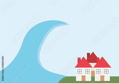 Tsunami arrasando un pueblo costero.