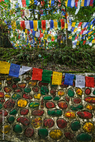 Darjeeling, India - October 2020: Prayer flags at the Mahakal temple on Observatory Hill on October 13, 2020 in Darjeeling, West Bengala, India.