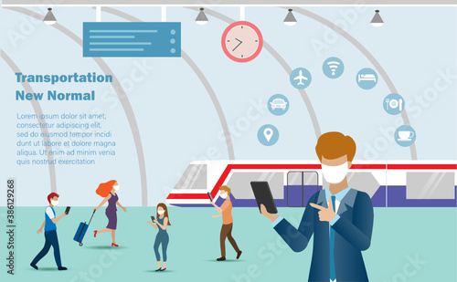 New normal in public transportation concept.Passenger in metro subway train wearing face mask to protect from COVID-19 coronavirus and using innovation technology from smart phone. 