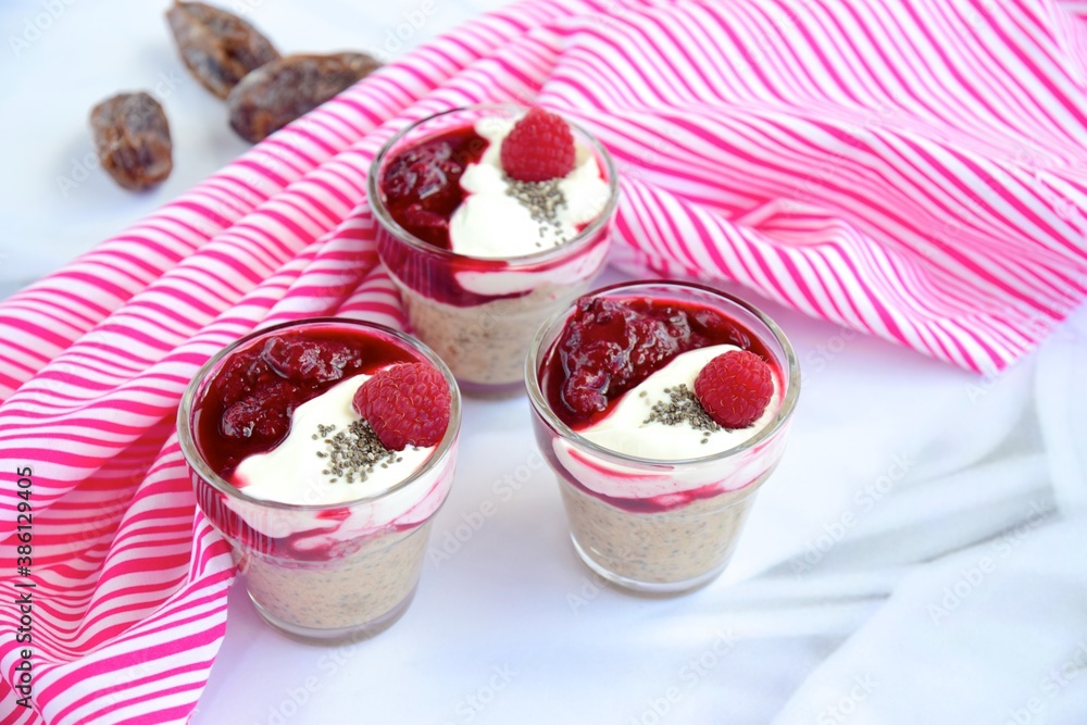 Chia date pudding with yogurt and raspberry sauce Chia date pudding with yogurt and raspberry sauce
