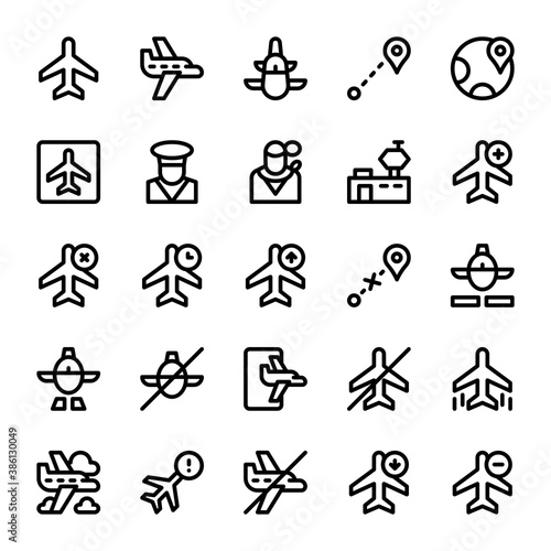 Set of plane, airplane, aircraft, transportation outline style icon - vector