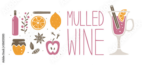 Cute Mulled wine set. Cozy header or banner on a white background. Winter season hot drink original design. Vector shabby hand drawn illustration