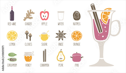 Cute mulled wine ingredient icons set isolated on white background. Cozy pictograms. Can be used for menu, Christmas or New Year decoration. Vector shabby hand drawn illustration