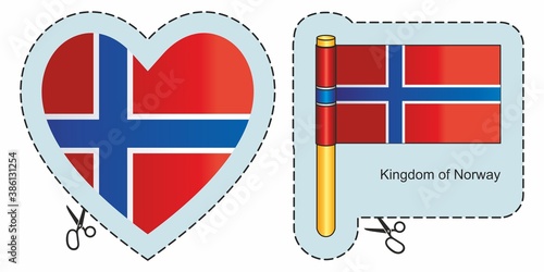 Flag of Norway, Kingdom of Norway. Vector cut sign here, isolated on white. Can be used for design, stickers, souvenirs.