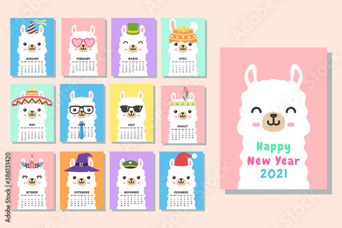 Cute face llama alpaca calendar 2021 template