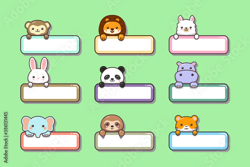 Cute baby animals with label name cartoon hand drawn style