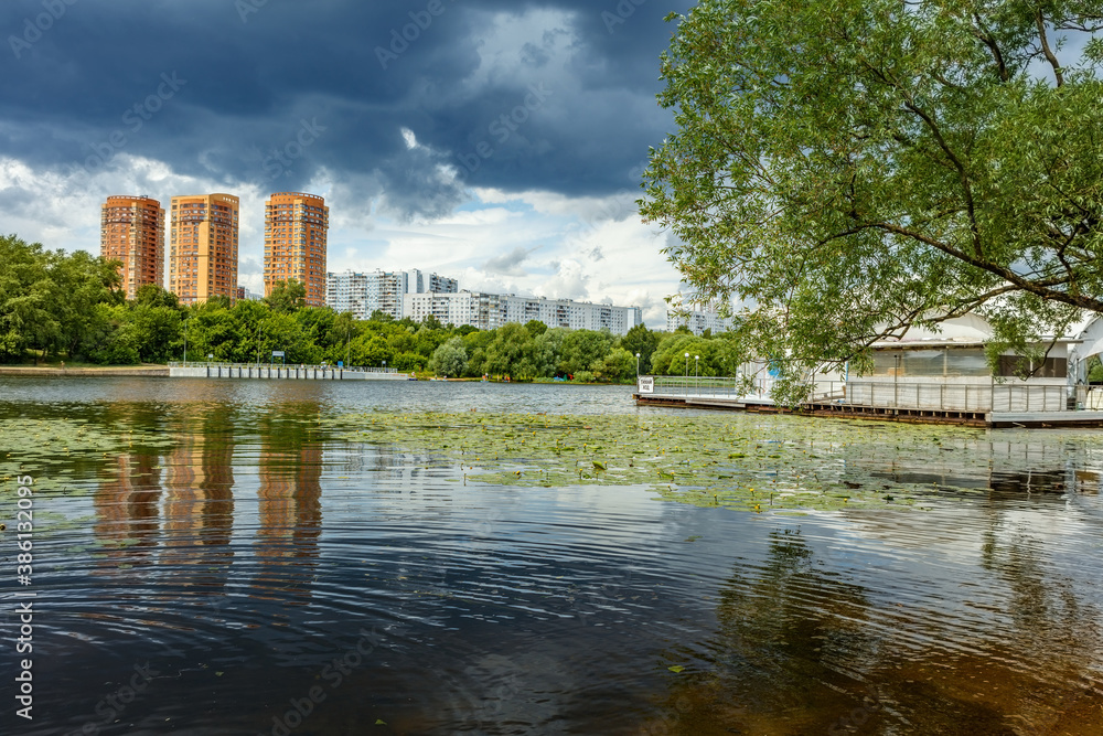 view of the residential complex, House of Serebryany Bor, on the banks of the Moskva River