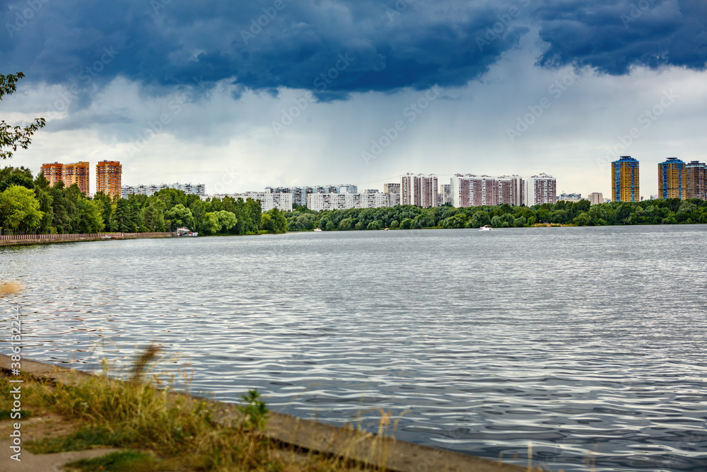 view of the residential complex, House of Serebryany Bor, on the banks of the Moskva River