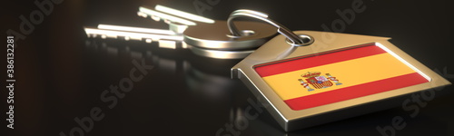 Keys and house keychain with flag of Spain. National property rental or real estate market concepts. 3d rendering 