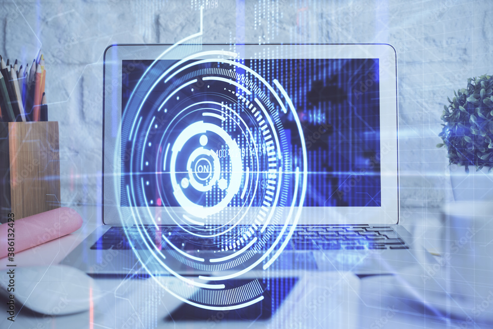 Double exposure of desktop with personal computer on background and tech theme drawing. Concept of Bigdata. Double exposure of desktop with personal computer on background and tech theme drawing. Concept of Bigdata.