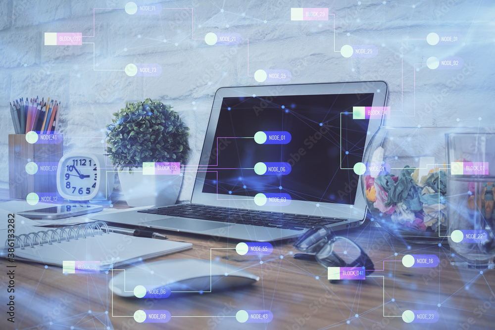 Multi exposure of desktop with personal computer and tech theme drawing. Concept of Bigdata. Multi exposure of desktop with personal computer and tech theme drawing. Concept of Bigdata.