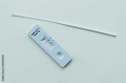 Negative SARS-CoV-2 Rapid Antigen Test isolated on white background with nasal swab stick photo