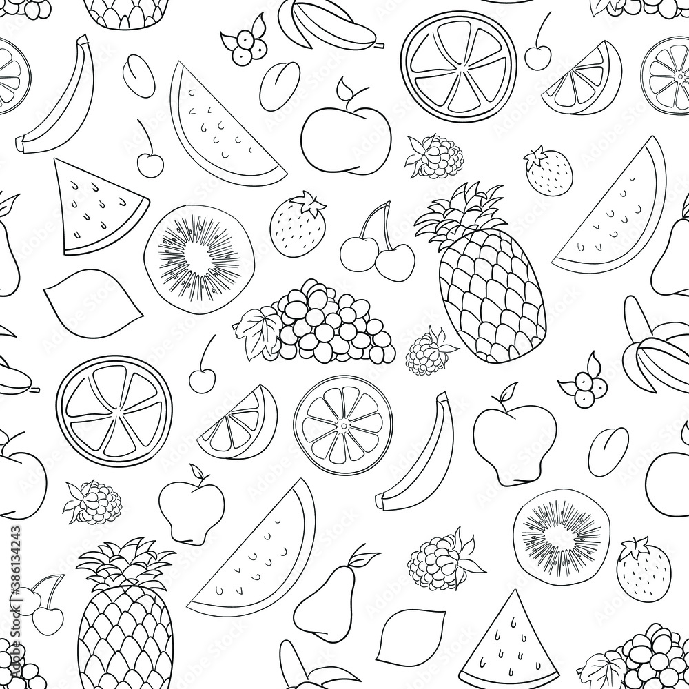 Fruit black and white doodle with grapes, apples, pineapples and lemons. Vector, seamless pattern. Fruit black and white doodle with grapes, apples, pineapples and lemons. Vector, seamless pattern.