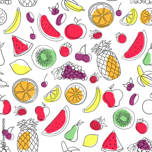 Fototapeta Naklejka Na Ścianę i Meble -  Fruit black and white doodle with grapes, apples, pineapples and lemons. Vector, seamless pattern.
