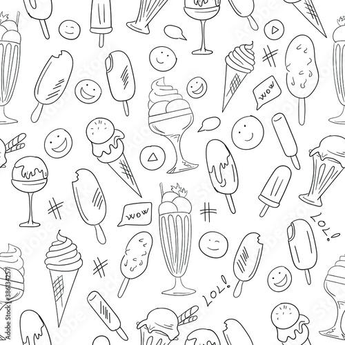 Fun and happy doodle with ice cream and smiley faces. Vector seamless pattern for holiday and summer designs.