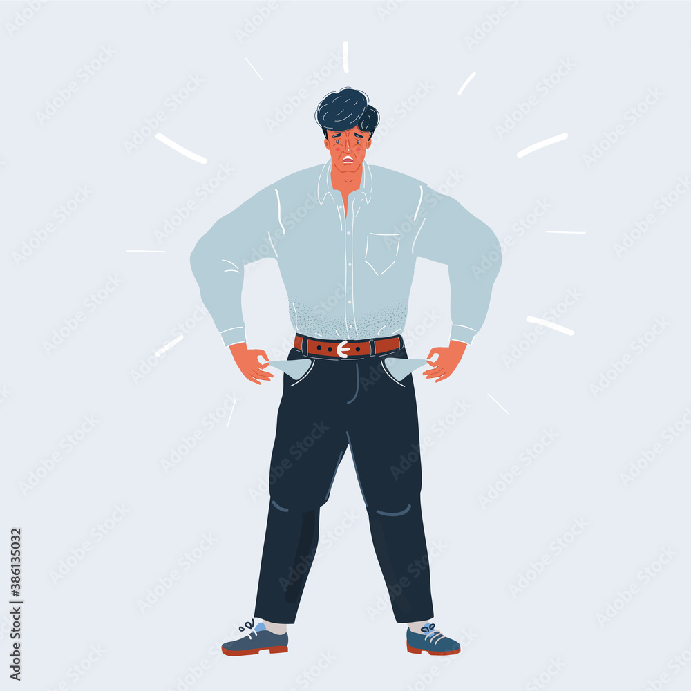 Broke man turning out empty pockets with sad face, financial crisis cartoon vector illustration