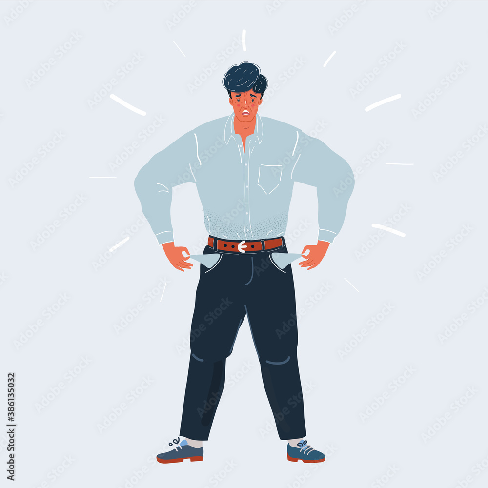 Broke man turning out empty pockets with sad face, financial crisis cartoon vector illustration Broke man turning out empty pockets with sad face, financial crisis cartoon vector illustration