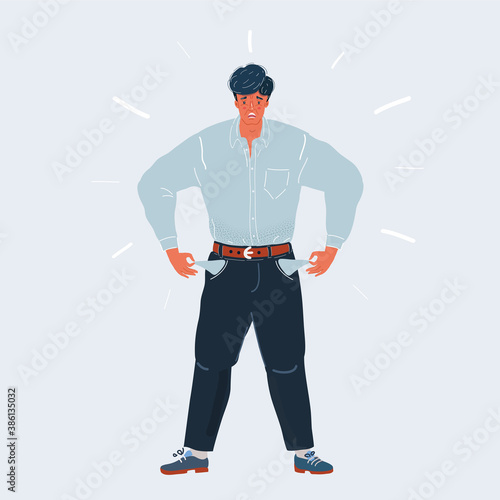 Broke man turning out empty pockets with sad face, financial crisis cartoon vector illustration