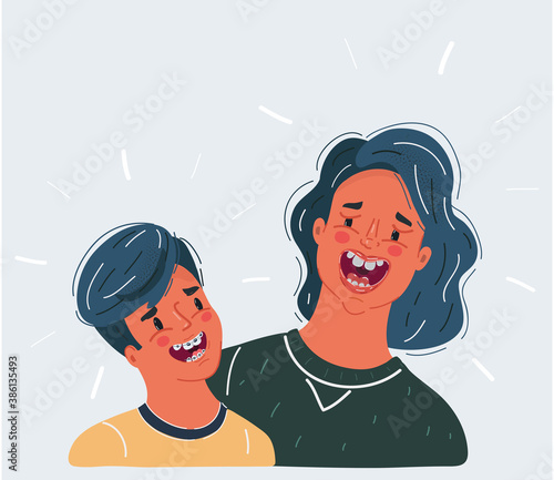 Happy laughing mother and son portrait cartoon vector isolated background illustration