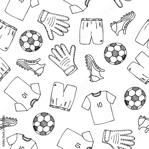Football uniform doodle seamless pattern. Hand drawn black and white texture. Stock vector illustration.