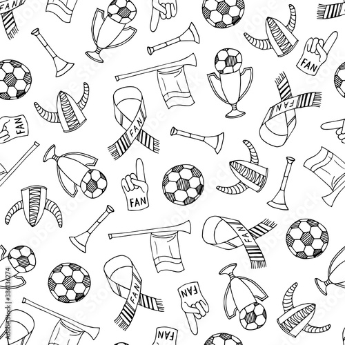 Football fan doodle seamless pattern. Hand drawn black and white texture. Stock vector illustration.