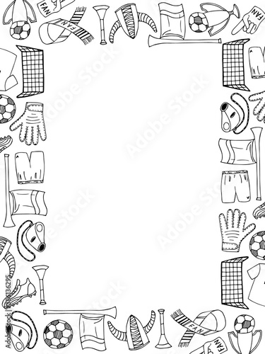 Football doodle pattern frame. Hand drawn black and white border. Stock vector illustration.