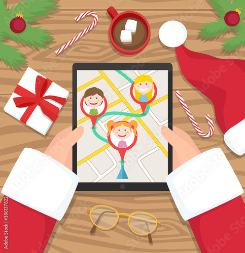 Santa Claus is planning his road to children - flat design vector illustration