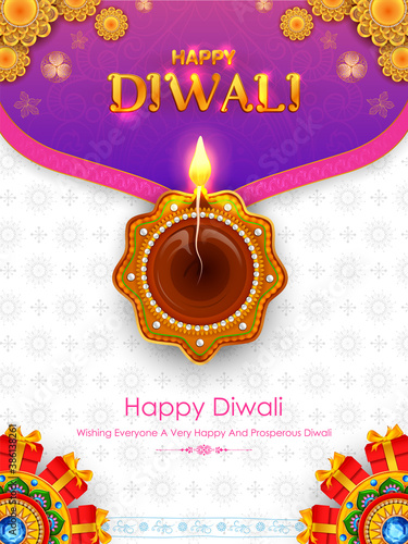 illustration of burning diya on Happy Diwali Holiday background for light festival of India