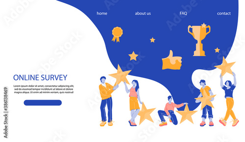 Top rating five stars and best quality web banner template with people hold stars rating. Concept of best company and market leadership for web site or landing page, flat vector illustration.