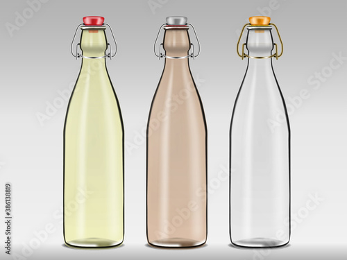 Swing top empty clear glass bottles, realistic vector illustration. Transparent swingtop bottle with stopper, mock-up. Color set. Easy to recolor
