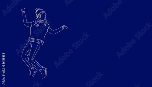 Banner blue. Full length body size woman in winter clothes - one line drawing. Vector illustration continuous line drawing