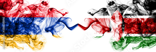 Armenia vs Kenya, Kenyan smoky mystic flags placed side by side. Thick colored silky abstract smoke flags