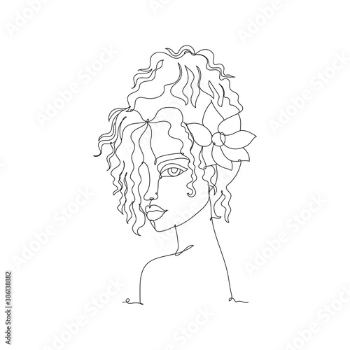 Beautiful curly girl one line drawing. Vector illustration continuous line drawing