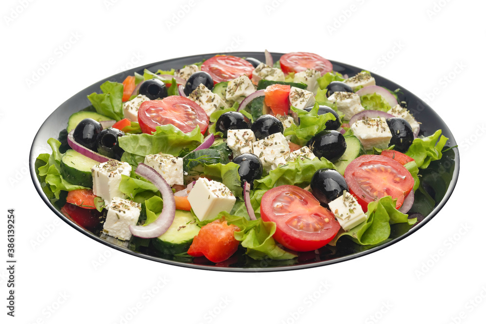 Delicious greek salad on a platter macro frame, close up