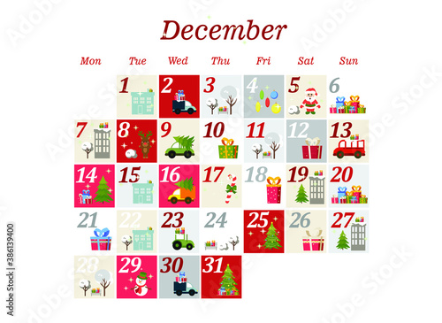 holiday calendar for december. winter illustration in flat style