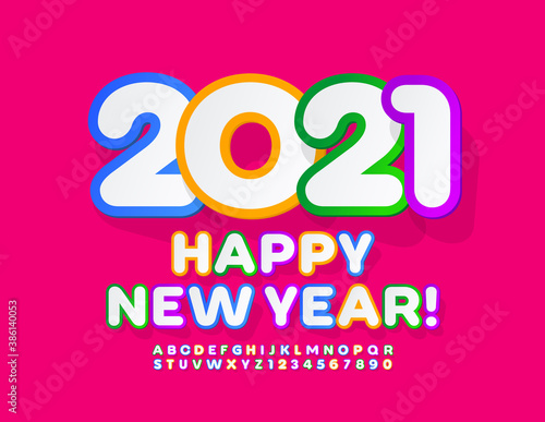 Vector colorful Greeting Card Happy New Year 2021! Sticker Alphabet Letters and Numbers set. Creative Kids Font. 