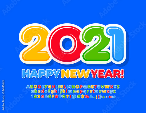 Vector cute greeting card Happy New Year 2021! Colorful creative Font. Bright Alphabet Letters and Numbers for Children