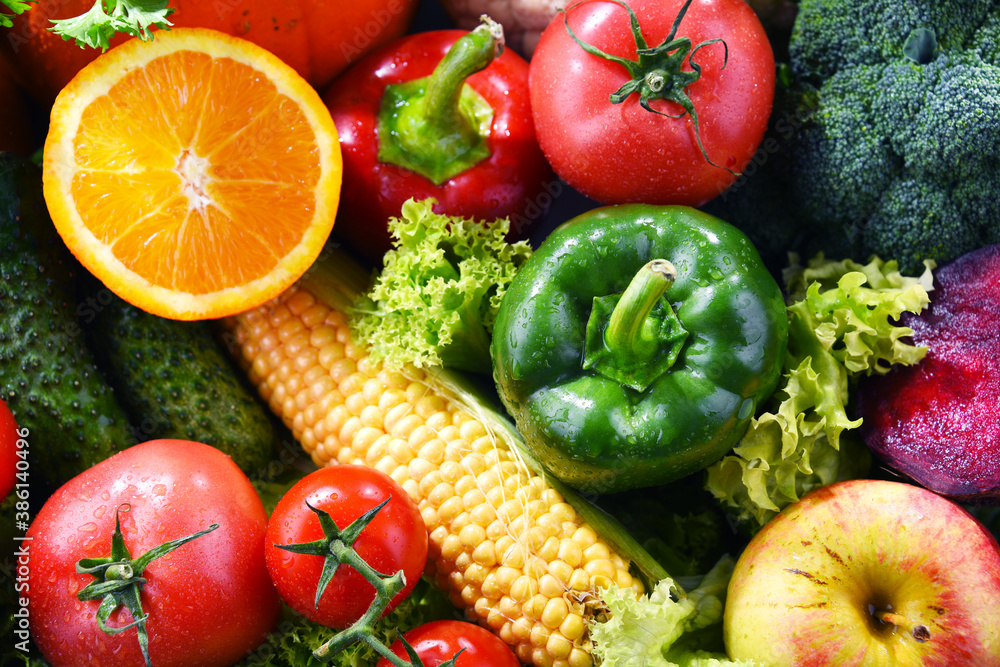 Composition with variety of fresh organic vegetables and fruits Composition with variety of fresh organic vegetables and fruits