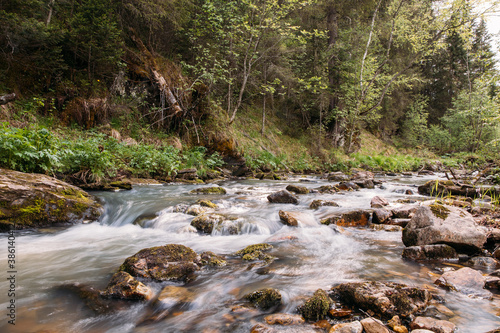 rough stony river in the mountains in the forest